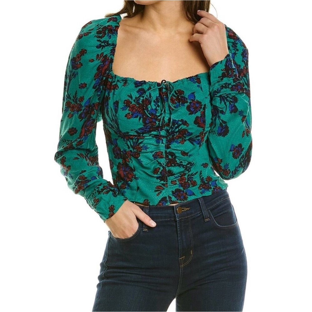 Free People Cropped Green Combo Smocked Tie Floral Hilary Long Sleeve Top NWT M